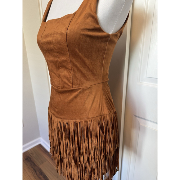 Trixxi Faux Suede Fringe Mini Dress Medium Western Boho Festival Cowgirl Brown - Picture 5 of 10